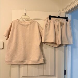 Beige Textured Top and Shorts Set